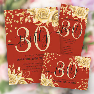 Glam Gold Red Floral Glitter 30th Birthday Script Banner