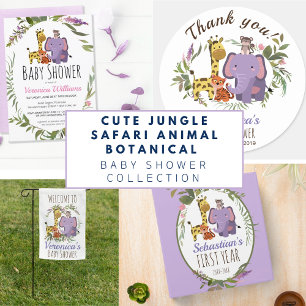 Cute Jungle Safari Animals Purple Baby Shower Invitation