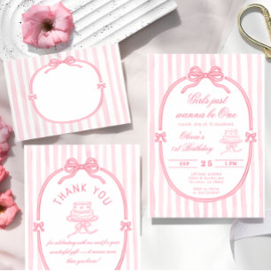 Pink Bow Just Wanna be One First Birthday Invitation