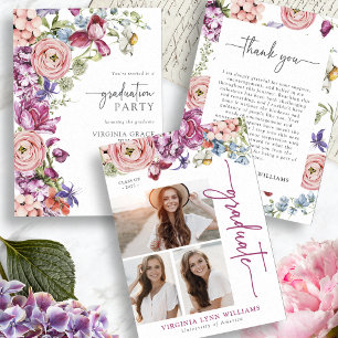 Elegant Floral Graduation Photo Thank You Card