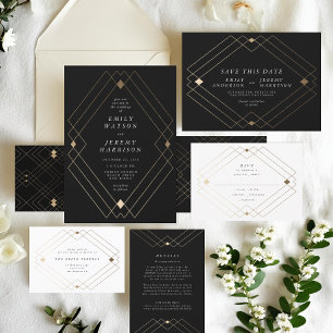 Gold Diamond Black Geometric Deco Gatsby Wedding RSVP Card