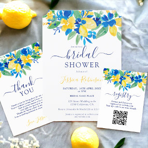 Blue yellow lemons floral watercolor bridal shower thank you card