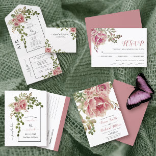 Dusty rose pink watercolor flowers floral wedding envelope