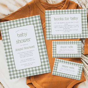 Sage Green Gingham Check Baby Shower Invitation