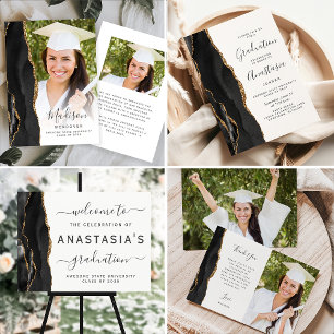 Photo Black Agate Gold Script Graduation Thank You Card