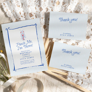 Pinch Me I'm Three Retro Lobster Blue 3rd Birthday Invitation