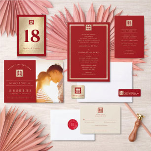 Classic Square Double Xi Red Gold Chinese Wedding Table Number