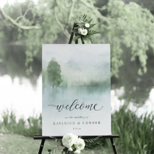 Elegant Watercolor Lake and Trees Wedding Invitation
