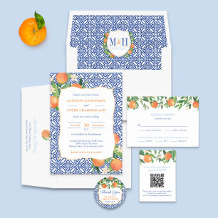 Citrus Oranges Blue Tiles Monogram Return Address Envelope
