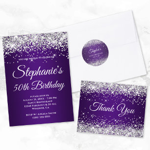 Silver Glitter Happy Birthday Royal Purple Ombre Card
