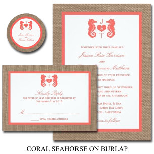 The Coral Seahorse Burlap Beach Wedding Collection Invitation