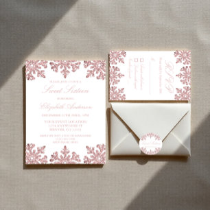 Pink Rose Gold Snowflake Winter Sweet 16 RSVP Card