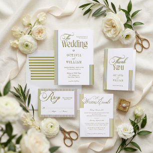 Elegant Minimal Chic Green Parisian Stripe Wedding Letterpress Invitation