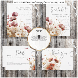 Rustic Red & Barley Watercolor Wildflowers Save The Date