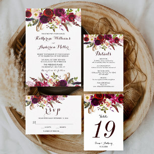Boho Floral Burgundy Wedding Table Number