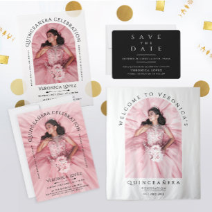 Stylish Girly 15th Bday Classical Black Typo Photo Invitation