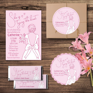 Hand Drawn Pink Bow Wedding Gown Bridal Shower Invitation