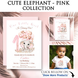 First Birthday Girl Cute Elephant Pink Baby T-Shirt