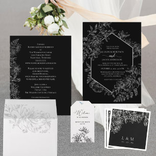 Black White Geometric Floral Wedding All In One Invitation