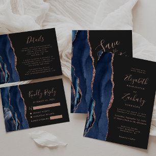 Navy Blue Rose Gold Agate Dark Wedding RSVP Card