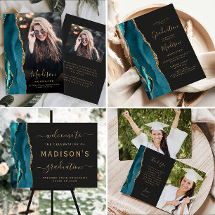 Photo Teal Agate Gold Script Dark Graduation Thank You Card