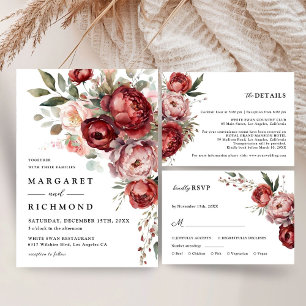 Modern Rustic Burgundy & Blush Floral Wedding Invitation