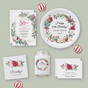 Red White Rose Floral Holly 50th Birthday Party Invitation