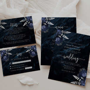 Elegant Navy Blue Silver Floral Wedding Invitation