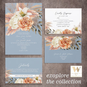 Dusty Blue Peach Floral Wedding Invitation