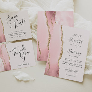 Modern Blush Pink Gold Agate Wedding RSVP Card