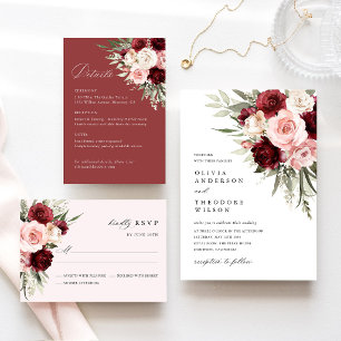 Burgundy Blush Pink Floral Wedding Details, Info Enclosure Card