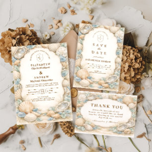 Neutral Beach Wreath Wedding Thank You Card