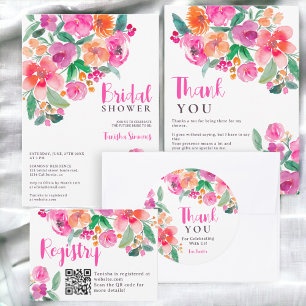 Bright hot pink fall floral script bridal shower invitation