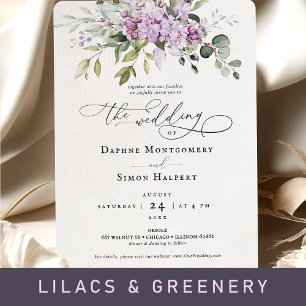 Lilacs Greenery Script Wedding Invitation Purple