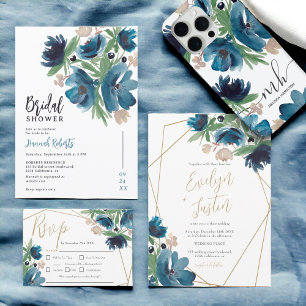 Elegant dusty blue gold Floral Watercolor Wedding RSVP Card