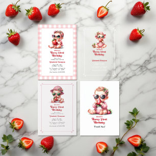 Pink Gingham & Strawberry Berry 1st Birthday Party Invitation