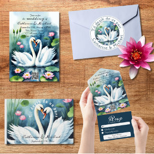 Swan In Love Watercolor Lotus Lake QR Code Wedding All In One Invitation