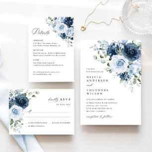 Dusty Blue Navy Watercolor Floral Elegant Wedding Invitation