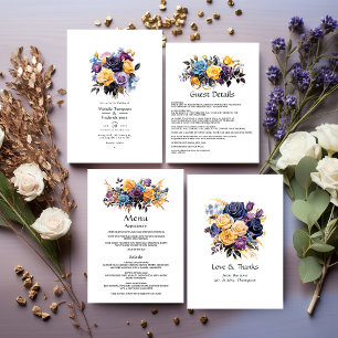 Blue, Purple, Gold, and Black Floral Wedding Menu