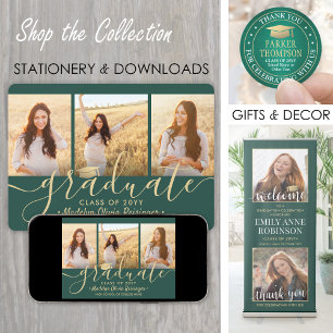 4 Photo Collage Script Green Gold Graduation Party Invitation