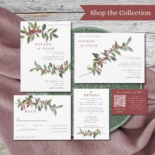 Elegant Winter Berries Red Green Watercolor Invitation