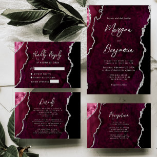 Modern Burgundy Agate Silver Script Wedding Invitation