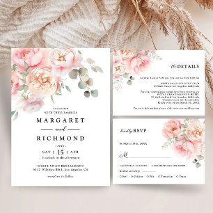 Soft Blush Pink Rose Garden Floral Wedding RSVP Card
