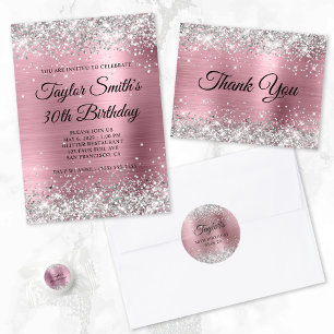Faux Shiny Silver Glitter Pale Pink Foil Monogram Invitation