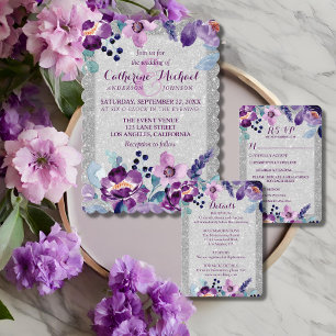 Purple Watercolor Floral & Silver Glitter Wedding Invitation