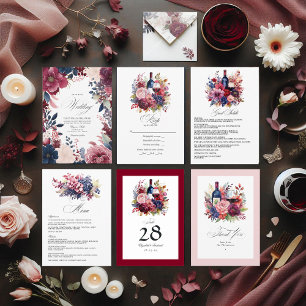 Burgundy, Navy, and Blush Boho Floral Wine Wedding Invitation