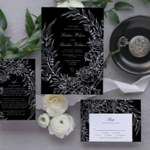 Elegant Black Tuxedo Bright White Wreath Wedding Invitation
