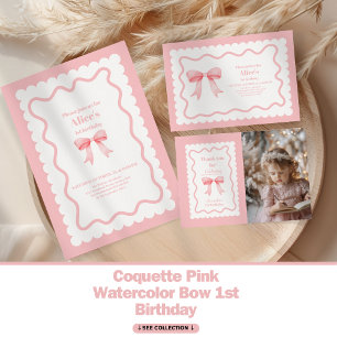 Coquette Pink Watercolor Bow 1st Birthday Thank You Card