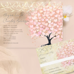 Pale Dogwood Heart Leaf Tree Gold Wedding Invites