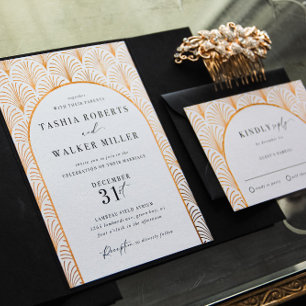 Formal Black Tie Gold Art Deco Black Wedding Invitation